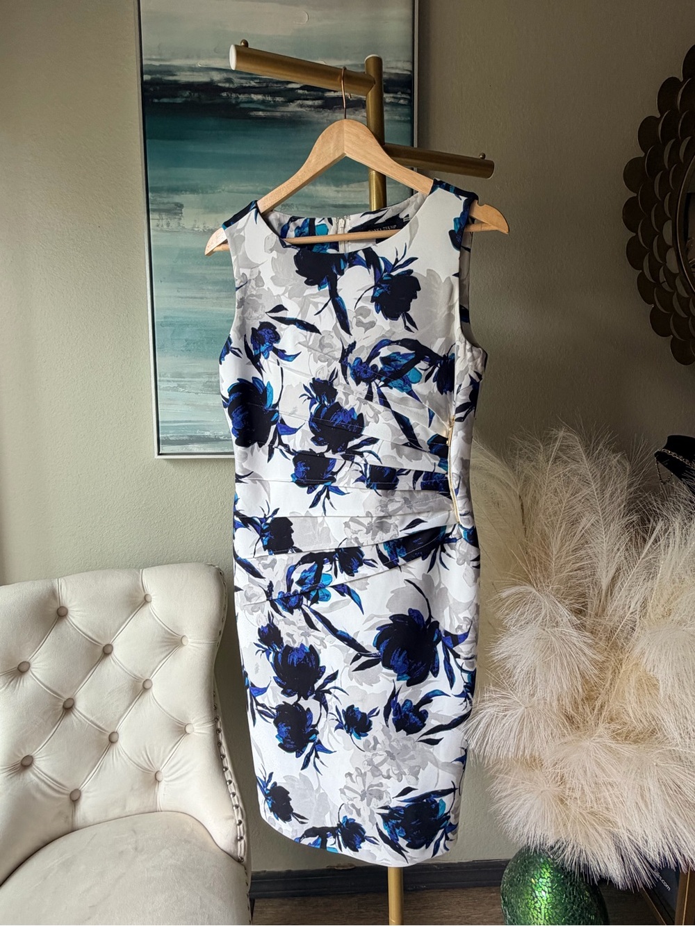 Ivanka Trump White Midi Dress with Blue Floral Pattern - Picture 10 of 11